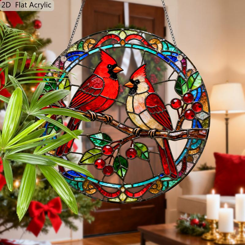 Acrylic Pair of Northern Cardinals on Branch Suncatcher Stained Glass Effect Window Hanging Ornament Bird Themed Gift for Home