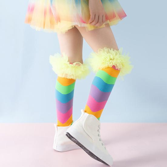 Детские радужные гольфы до колена, красочные гольфы до колена, забавные носки для сапог для девочек с тюлевой оборкой для маскарадных вечеринок, праздничных мероприятий