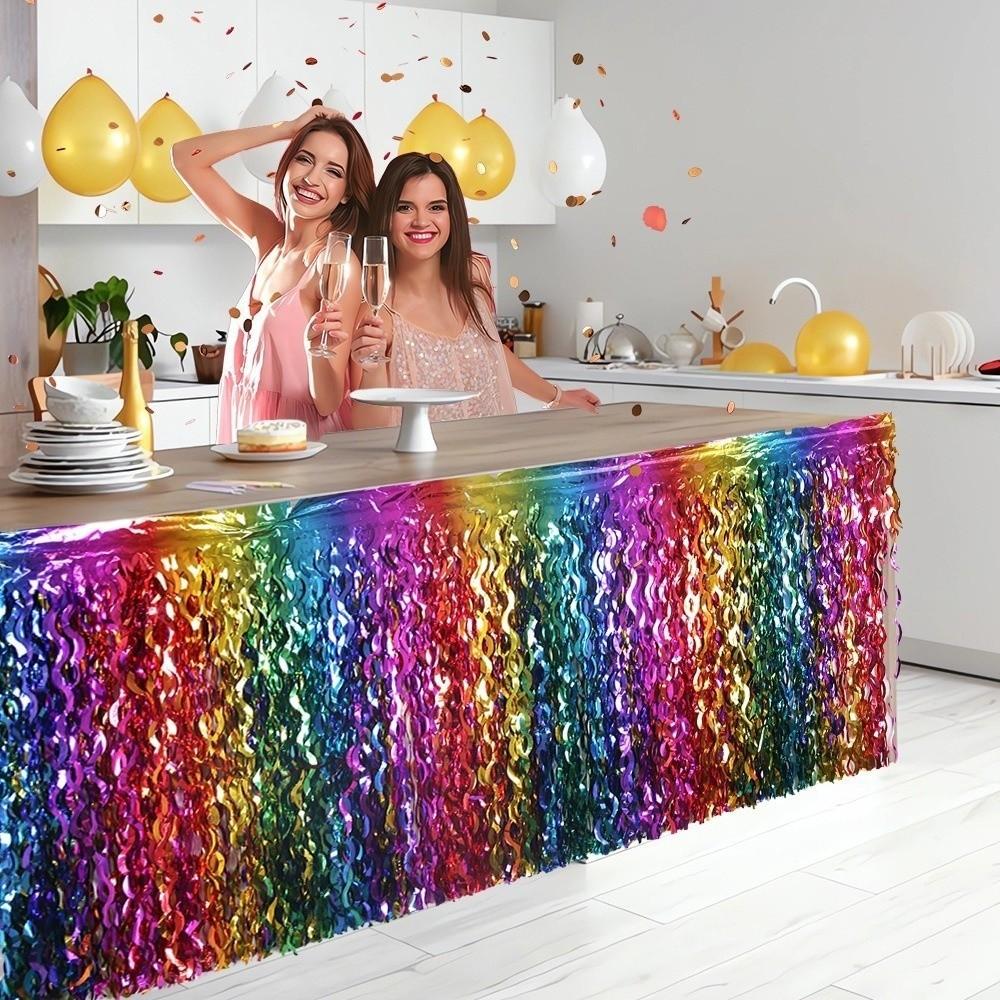 Rainbow Gradient Foil Fringe Table Skirt Wavy Design Table Decor Ornament Birthday Party