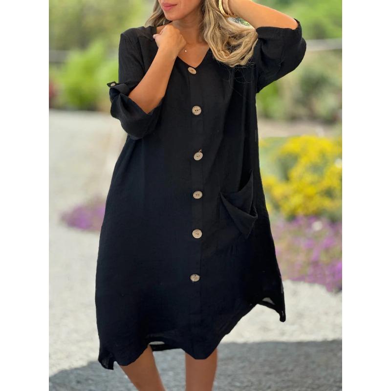 Весенне-осеннее женское платье больших размеров, повседневные длинные платья со свободными карманами и пуговицами