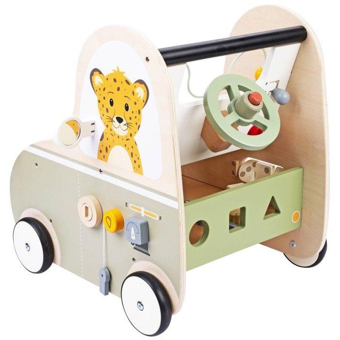 Trotteur en Bois Multi-activités Bébé - Voiture à Pousser avec Activités d'éveil et Volant - Dès 12 Mois
