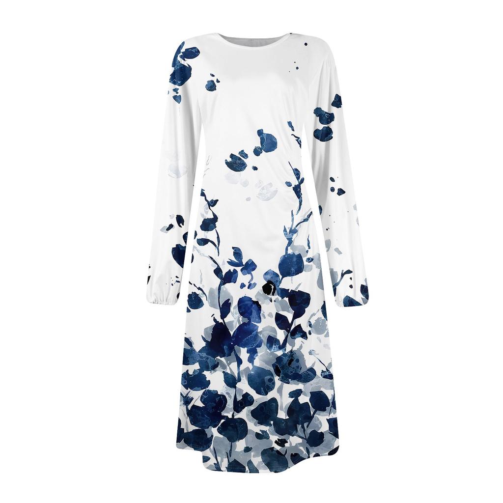Women's Fashion Casual Print Round Neck Long Sleeve Midi Dress