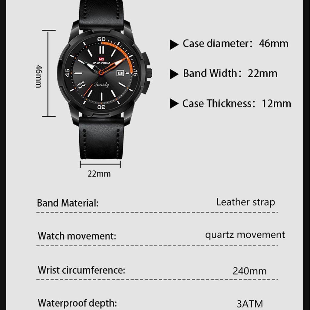 VA VA VOOM Мужские кварцевые часы Business Simple Calendar 30m Водонепроницаемые светящиеся кварцевые часы с кожаным ремешком, модные наручные часы