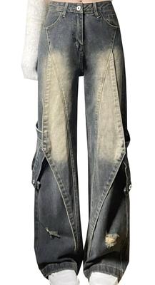 [A Q P K W A] Женские джинсовые брюки палаццо, рваные стрейчевые брюки гаучо, свободный крой, корейский уличный стиль, синий, размер L