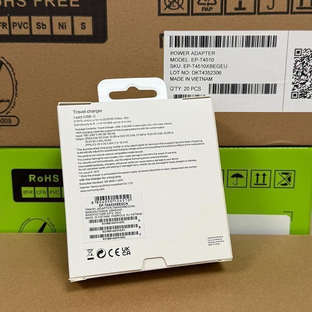 Samsung Комплект быстрой зарядки PD 45 Вт (EP-TA845), Британская вилка, USB-C на USB-C кабель 5А, Супербыстрая зарядка для телефонов/планшетов Galaxy