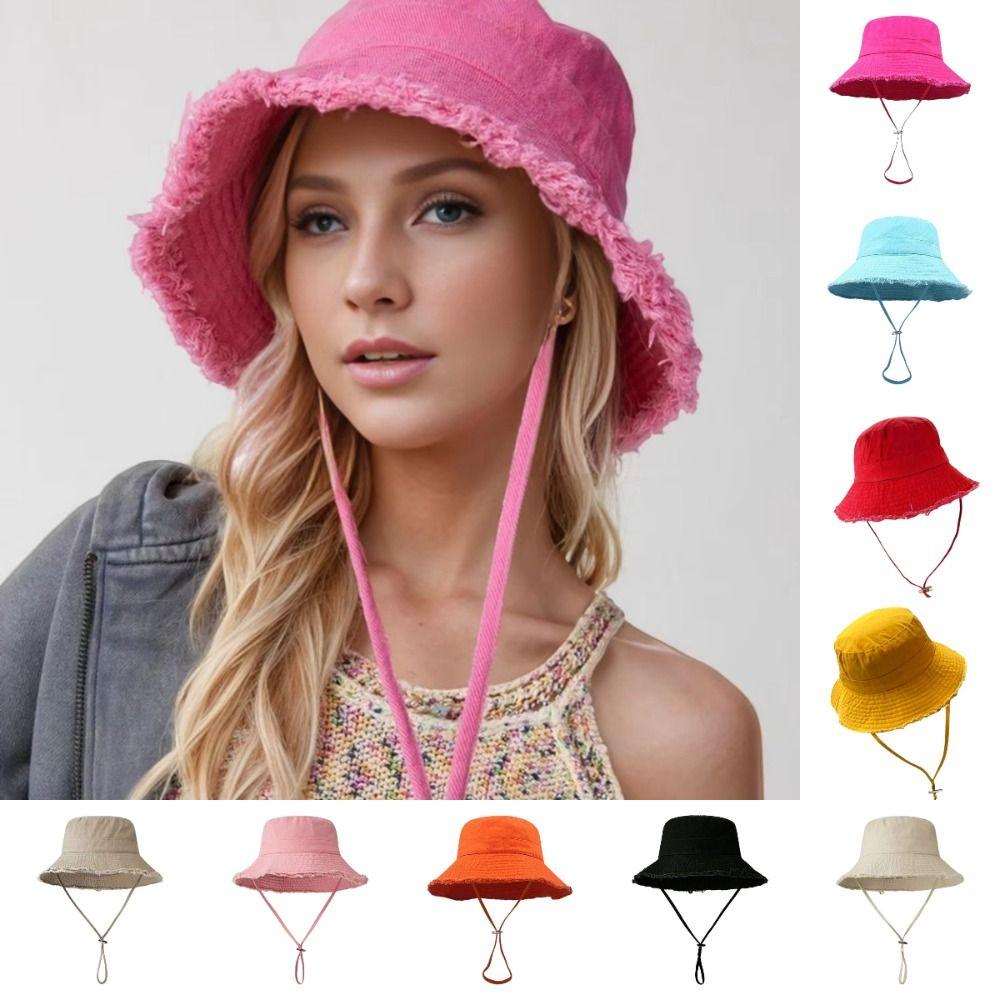 Fashion Hyun-Ah Style Bucket Hat Sun Resistant Fringed Summer Sunshade Hat Adjustable Large-Brimmed Hiking Hat Four Seasons