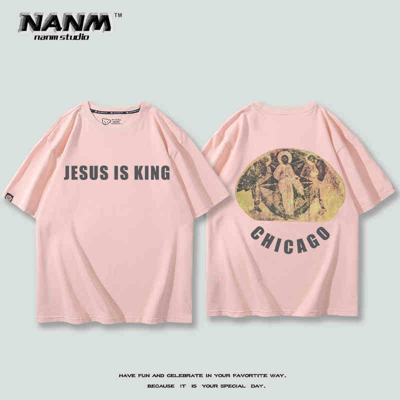 2024 New Fashion KANYE with Short Sleeve T-shirt Boys Kanye Music Festival Three Gods Religious Oil Loose Hip Hop Half Sleeve
