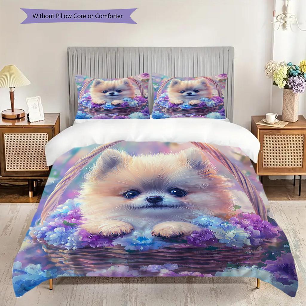 Pomeranian Pattern Bedding Quilt Set Quilt Cover Pillowcase Home Decoration Birthday Gift (1 * duvet cover + 2 * pillowcase, without core)
