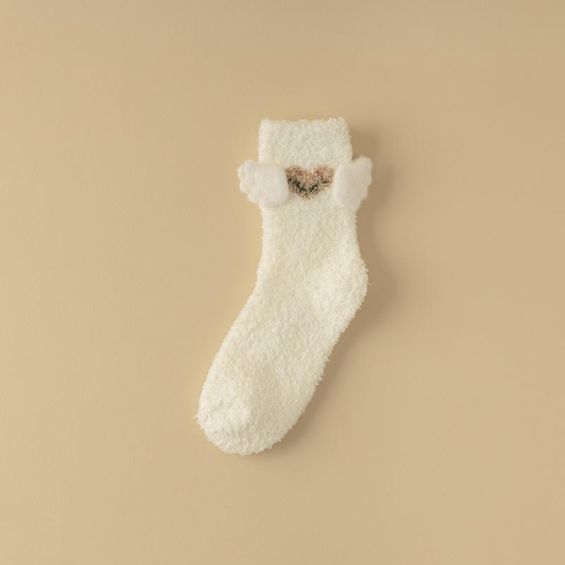 Three-Dimensional Wing Fleece Socks Women'S Coral Fleece Cartoon Embroidered Tube Socks Winter Fleece Thickened Floor Socks