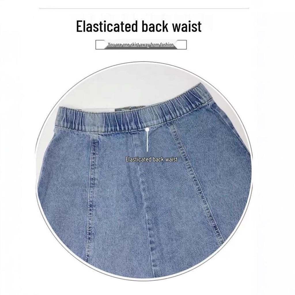 Women's High Waist A-Line Denim Skirt - Fashionable, Slim, Medium-Length, Big Swing, Loose Umbrella Design Over the Knee.