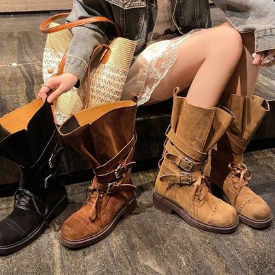 Версия из коровьей кожи~ Ретро рыцарские ботинки женские на толстой подошве и толстом каблуке ботинки Мартин с пряжкой-ремнем средней высоты голенища ковбойские ботинки в западном стиле ботинки-локомотивы