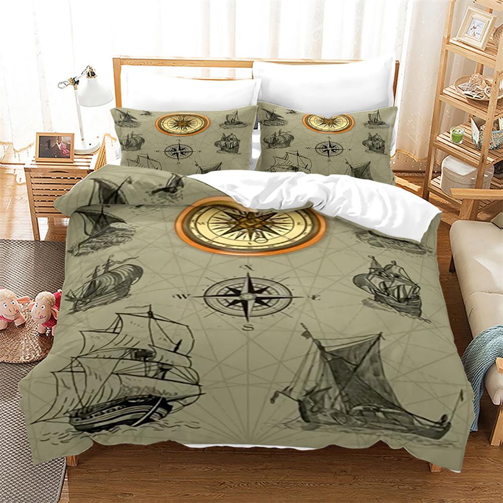 Pirate Ships Duvet Cover Set Vintage Nautical Style Comforter Cover Polyester Bedding Set Medieval Sailing Ship King Queen Size