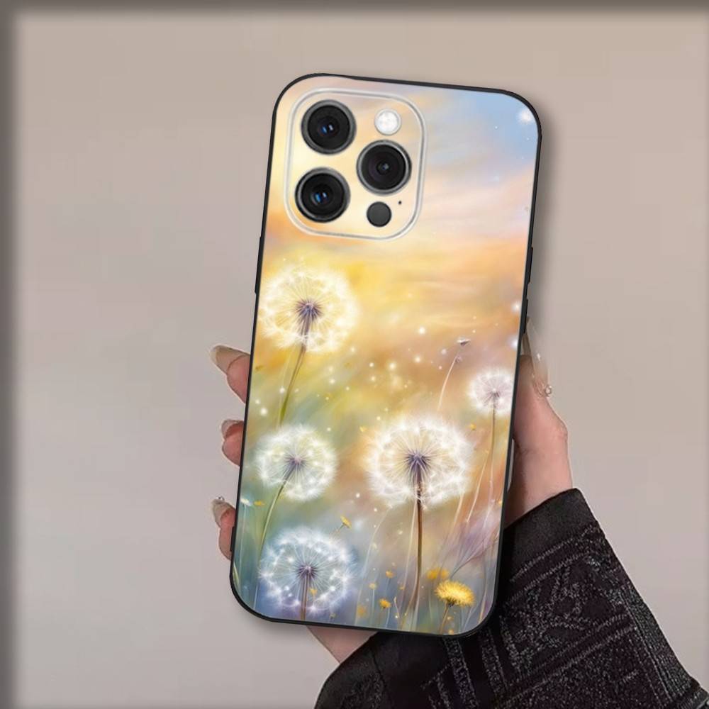 Арт чехол для телефона с цветами одуванчика для iPhone 17,16,15,14,13,12,11,Pro,Max,Plus,Air,X,XS,XR,SE,8,7,Mini, Мягкий черный Funda