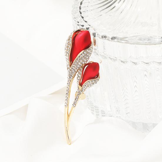 Женская брошь с лацканами, красный тюльпан, декор со стразами, воротник костюма, воротник формального случая, булавка для офисной одежды, вечерние ювелирные изделия для выпускного вечера