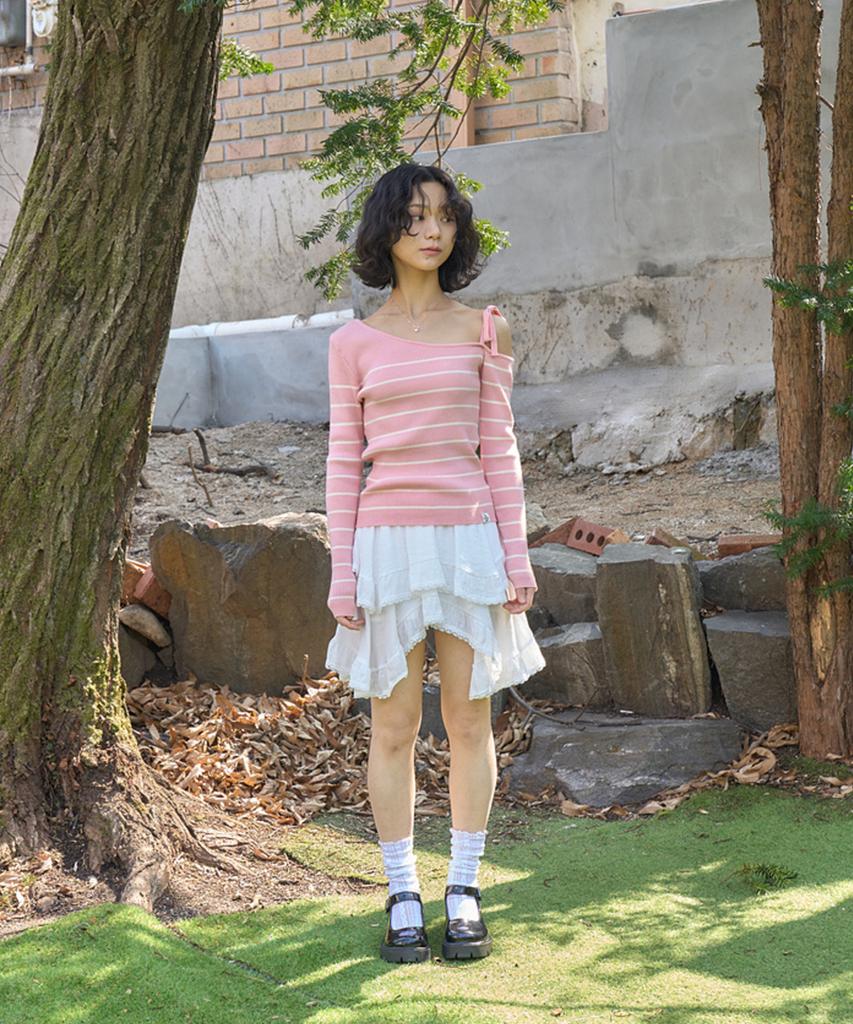 THE GREEN LAB Striped Shoulder Strap Detail Knit [Pink]