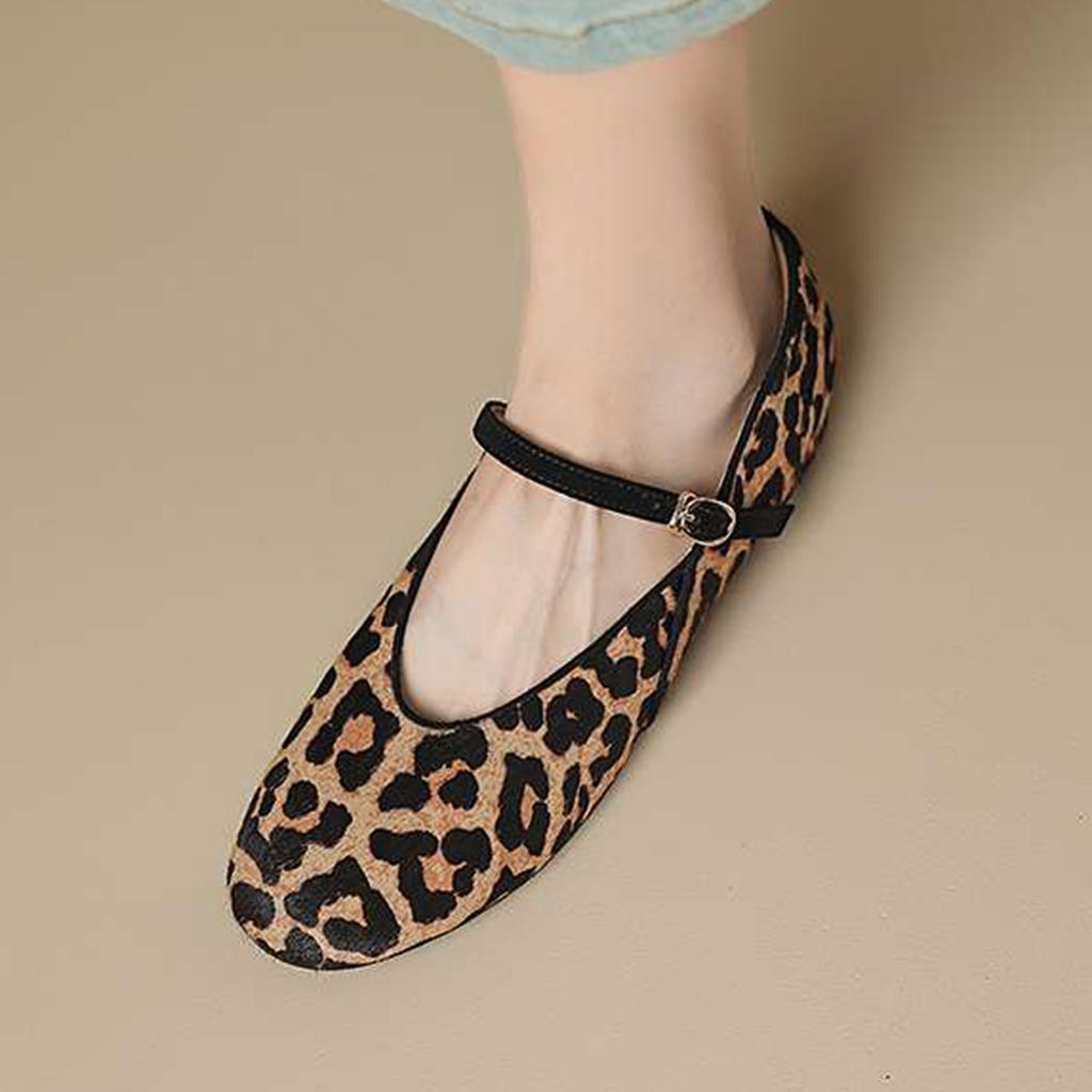 Krazing Pot Horsehair Fur Summer Spring Autumn Low Heels Flat with Leopard Patterns Ballet Shoes Shallow Pumps