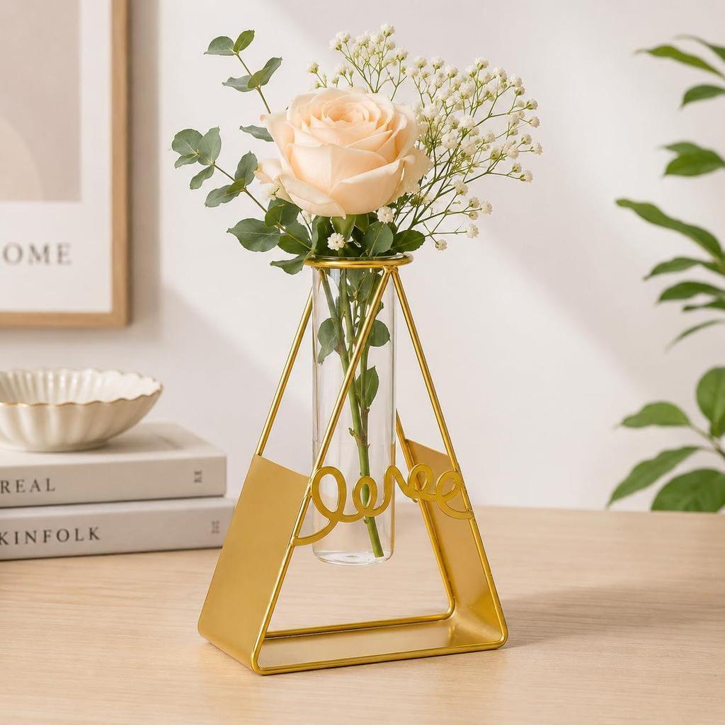 Glass Metal Frame Stand Flower Vase for Office Home Decoration and Environment
