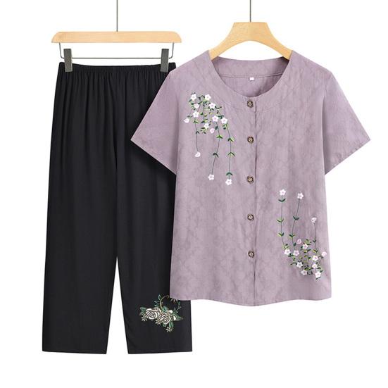 Комплект из двух предметов с цветочным принтом для пожилых женщин, повседневный топ с короткими рукавами и брюки на пуговицах, летняя одежда для бабушек и мам