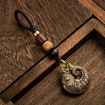 1 шт., плетеная вручную веревка из чистого латунного металла, благоприятная золотая рыбка, ретро-подвеска для ключей от автомобиля, полый дизайн, кулон, креативный подарок для мужчин