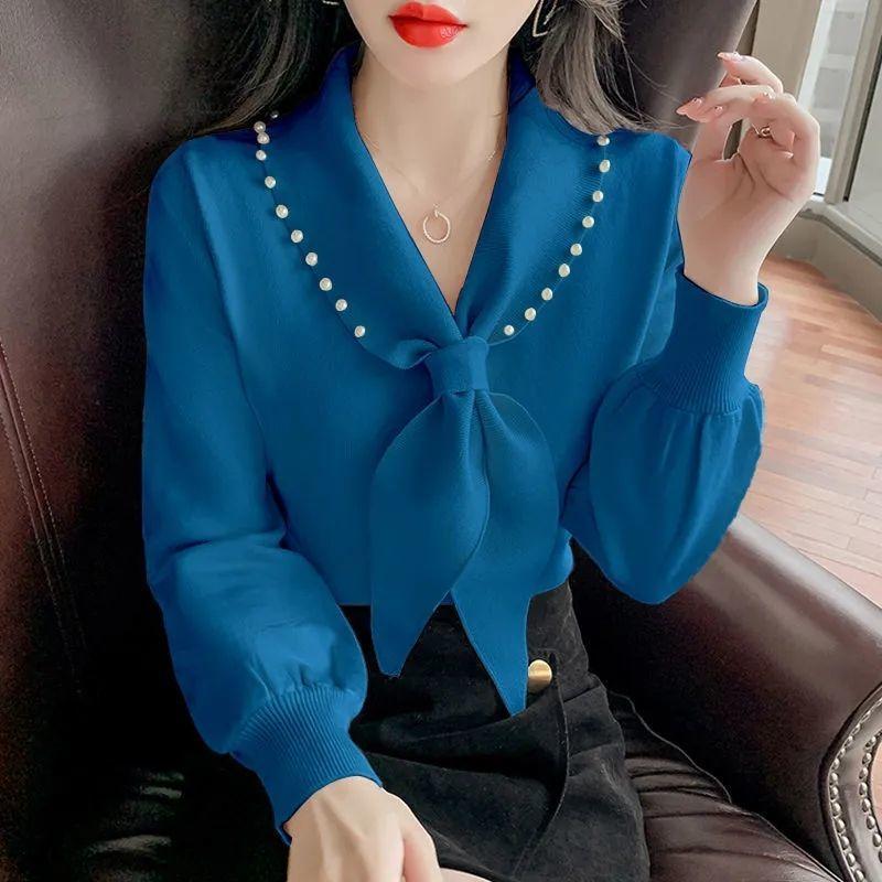 Модная блузка с длинным рукавом с v-образным вырезом и бантом, свободные повседневные пуловеры с длинным рукавом, женская одежда, рубашка