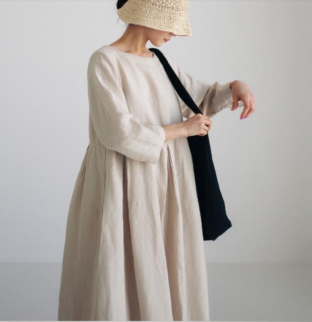 Платье большого размера из хлопка и льна свободного покроя в японском/корейском стиле, с круглым вырезом, длиной до колена, однотонное, юбка-лето