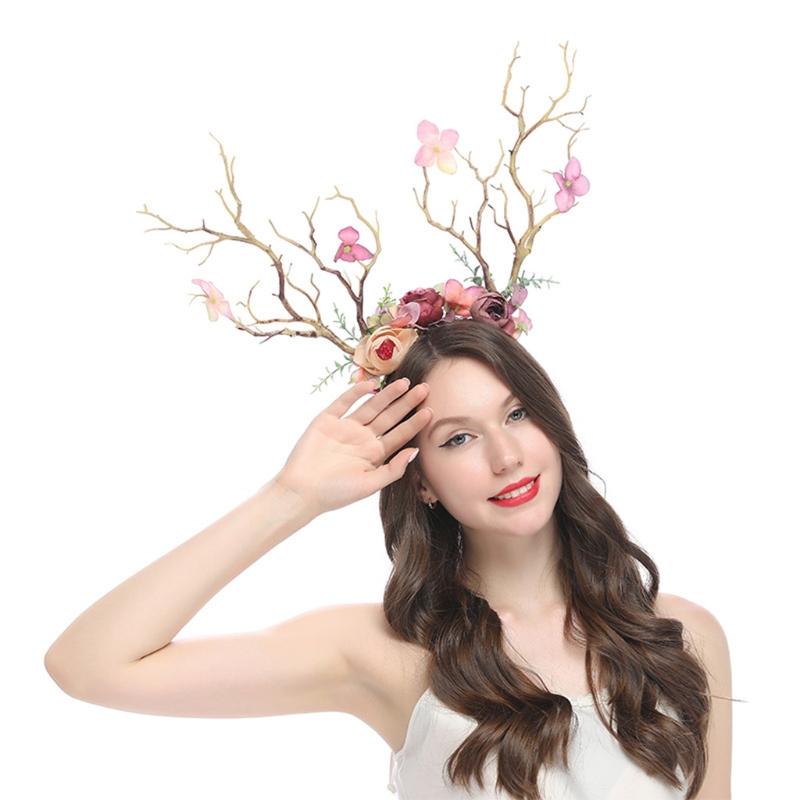 Flower Crown Hair Wreath Deer Antlers Headbands Reindeer Headdress Floral Headwears Holiday Wedding Photo Props