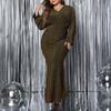 Plus Size Women Evening Dress V-Neck Long Sleeve High Waist Tight Long Dress Solid Color Shiny Fishtail Dress