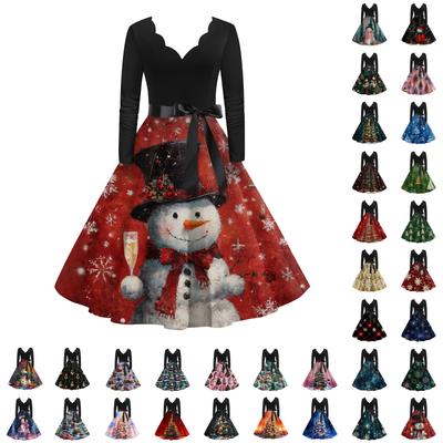 Женское модное повседневное платье приталенного кроя с круглым вырезом, рождественским принтом и длинными рукавами