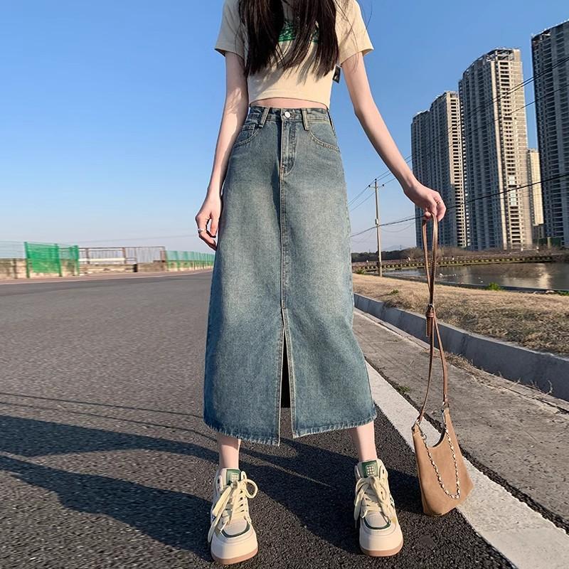 Юбка джинсовая с разрезом с высокой талией для женщин Новая осенняя А-силуэта Юбка, закрывающая бедра Юбка для фигуры "маленькая груша" Длинная юбка
