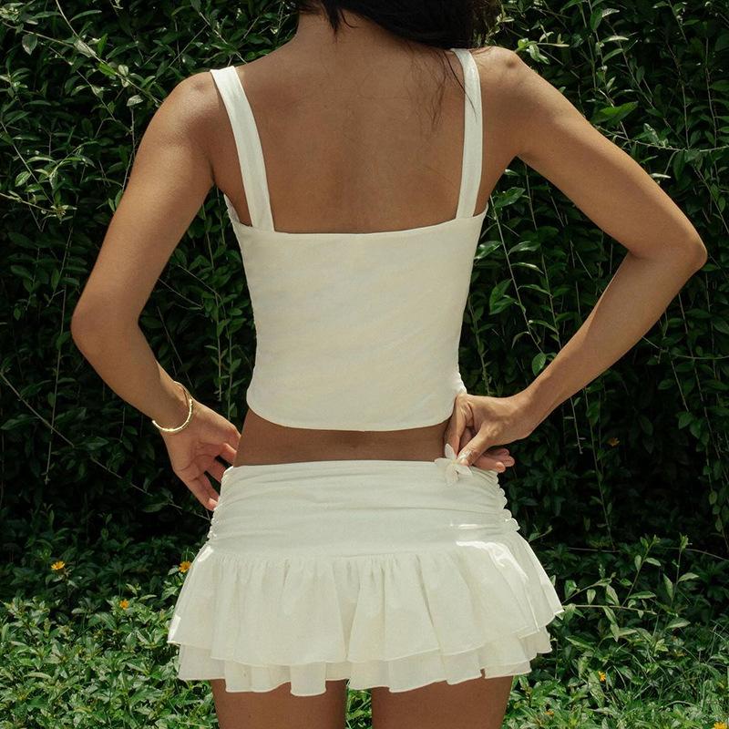 Женский кружевной лоскутный плиссированный жилет с заниженной талией, двухслойная юбка с оборками, комплект из двух предметов