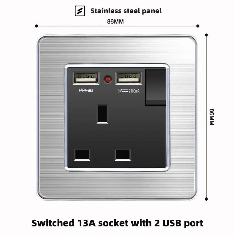 Luxury Brushed Stainless Steel Wall Light Switch,Universal 5pin 18W Type-C Quick Charging outlet,UK Standard Dual USB Socket