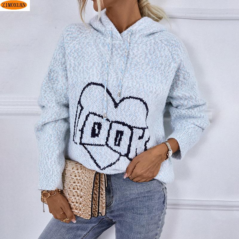 ZIMOXUAN Женский вязаный свитер с капюшоном и шнурком, вышивкой букв и длинными рукавами для повседневной носки
