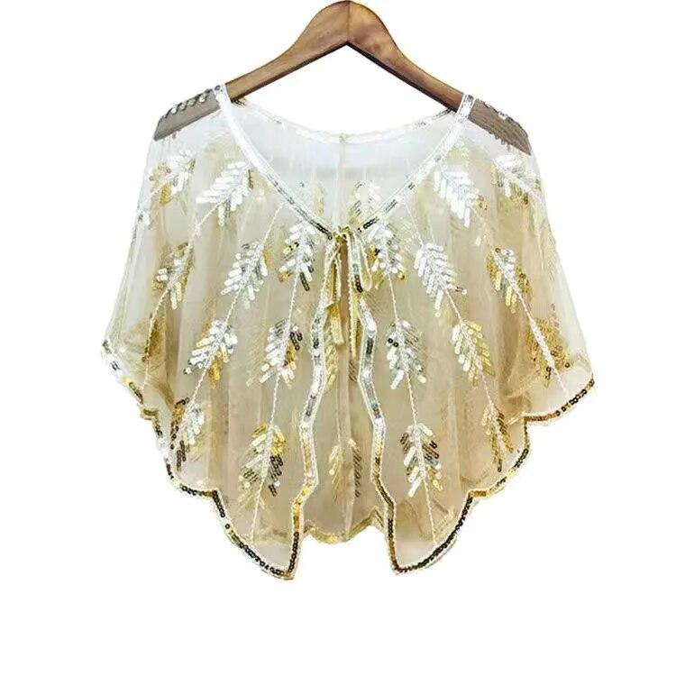 Ретро 1920-х годов, шаль с блестками и бисером, винтажная вечерняя накидка из прозрачной сетки с вышивкой в ​​виде листьев, женское болеро, аксессуары для вечеринок