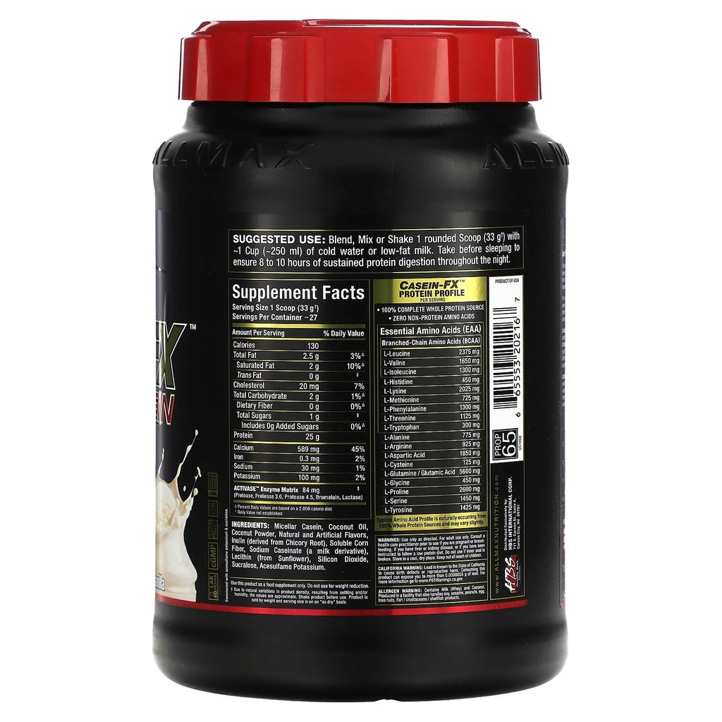 ALLMAX, CaseinFX, 100% Casein Micellar Protein, Vanilla, 2 Lbs. (907 G)