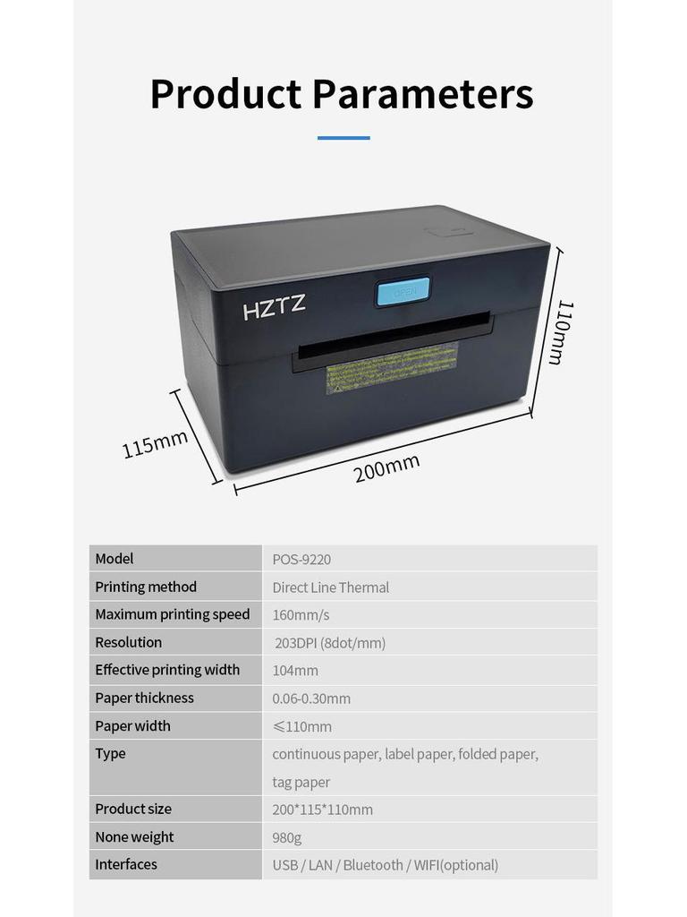 HZ-9220 High-Speed Thermal Label Printer with USB, Bluetooth & WiFi for Barcode and Shipping Labels