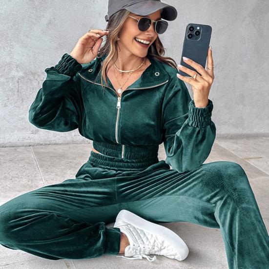 Комплект из 2 предметов: пальто и брюки, отложной воротник, длинный рукав, эластичный подол, золотистый бархат, куртка с высокой талией, брюки с резинкой на щиколотке, спортивный костюм для фитнеса