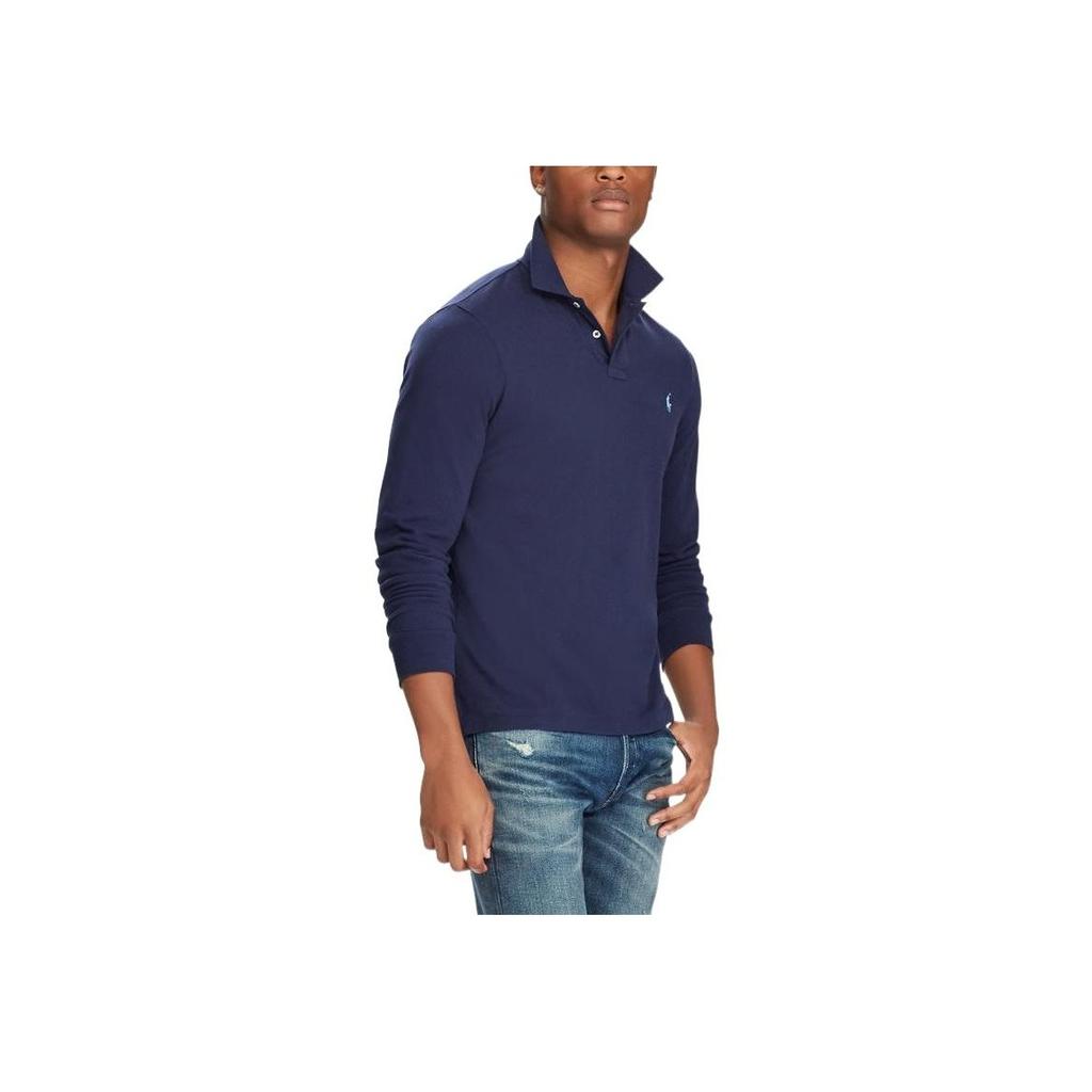 Polo Ralph Lauren FW22 Однотонный вышитый логотип с полупуговицами, свитер с длинным рукавом, мужская рубашка поло, темно-синяя MNPOKNI16810128-B82