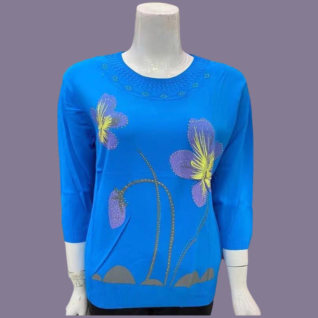 Spring Summer Women's Ice Silk Plus-Size Sweater Thin Round Neck Loose-Fit Printed Pullover Sweater 3/4sleeve Knitwear