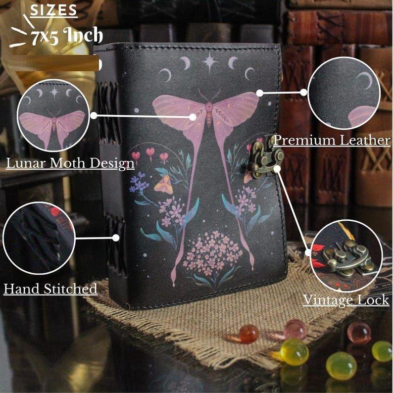 Кожаная книга теней «Луна-мотылёк» | Дневник для заклинаний чакр | Кожаный магический гримуар | Подарок для ведьмы | Блокнот ручной работы