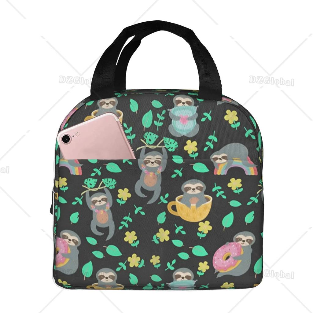 Cute Sloth Insulated Lunch Bag with Front Pocket Reusable Cooler Tote Bag with Zipper for Men Women Thermal Lunch Bento Box