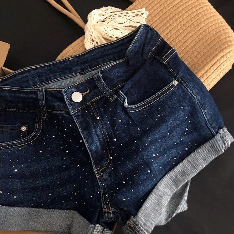 Женские темно-синие джинсовые шорты-hotpants с блестками, на низкой талии, А-силуэта, облегающие