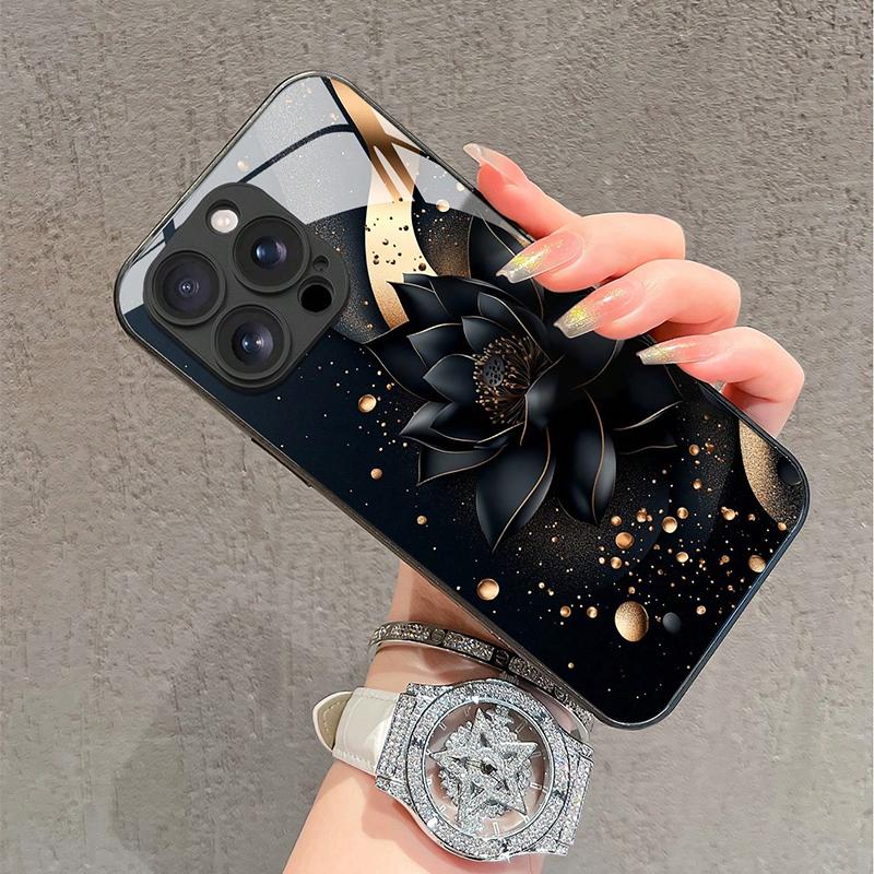 Роскошный черный чехол для телефона с узором «Цветок лотоса» из закаленного стекла для Samsung Galaxy S25 S24 S23 Ultra Plus FE