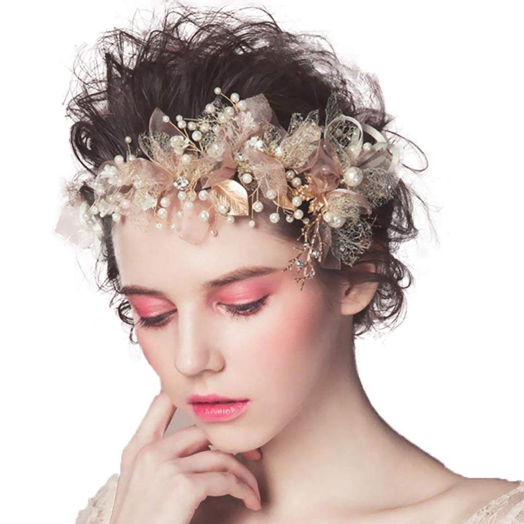 AVILMORE Leaf Pearl Small Flower Motif Headband Wedding Headdress Hair Ornament Recital Hair Accessory Wedding Entrance Ceremony Graduation Ceremony