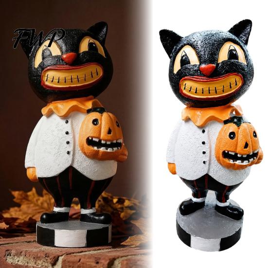 Decorative Cat for Windowsill Black Figurines, Vintage Halloween Ornament with Pumpkin, Small Figurine Retro Resin Table Decoration Shelf, Holiday
