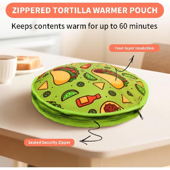 ABCKEY 12 Inch Tortilla Warmer Pouch, Zippered Fabric Tortilla Warmer to Keep Food Warm for Tortillas, Tacos, Naan and Pizza Rolls up to One Hour