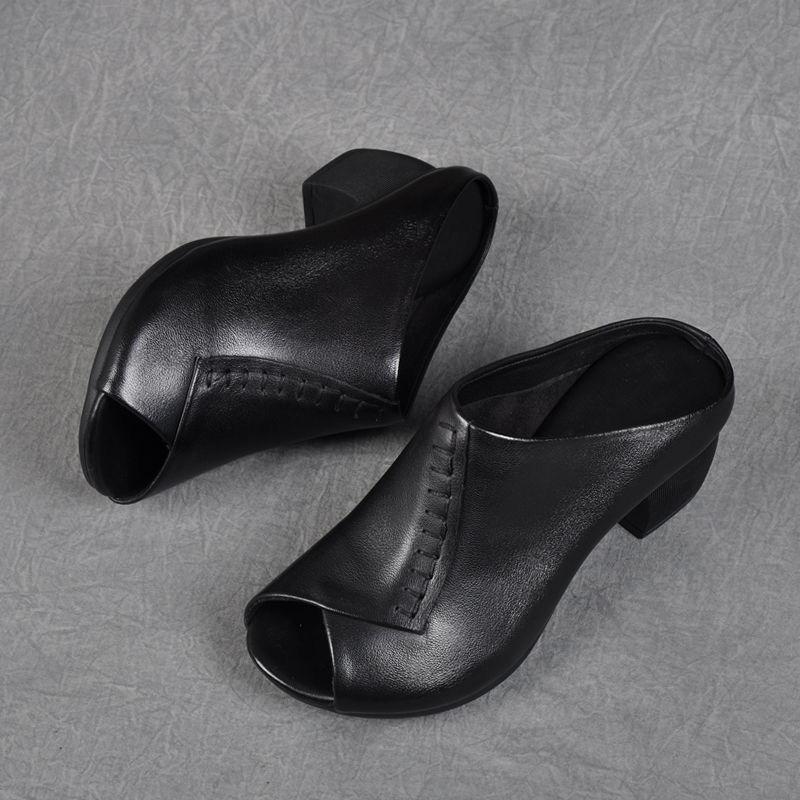 2025 Summer Thick Heel Soft Leather Outer Slippers Fish Mouth Comfortable Middle Heel Women's Sandals Women's Mom's Shoes