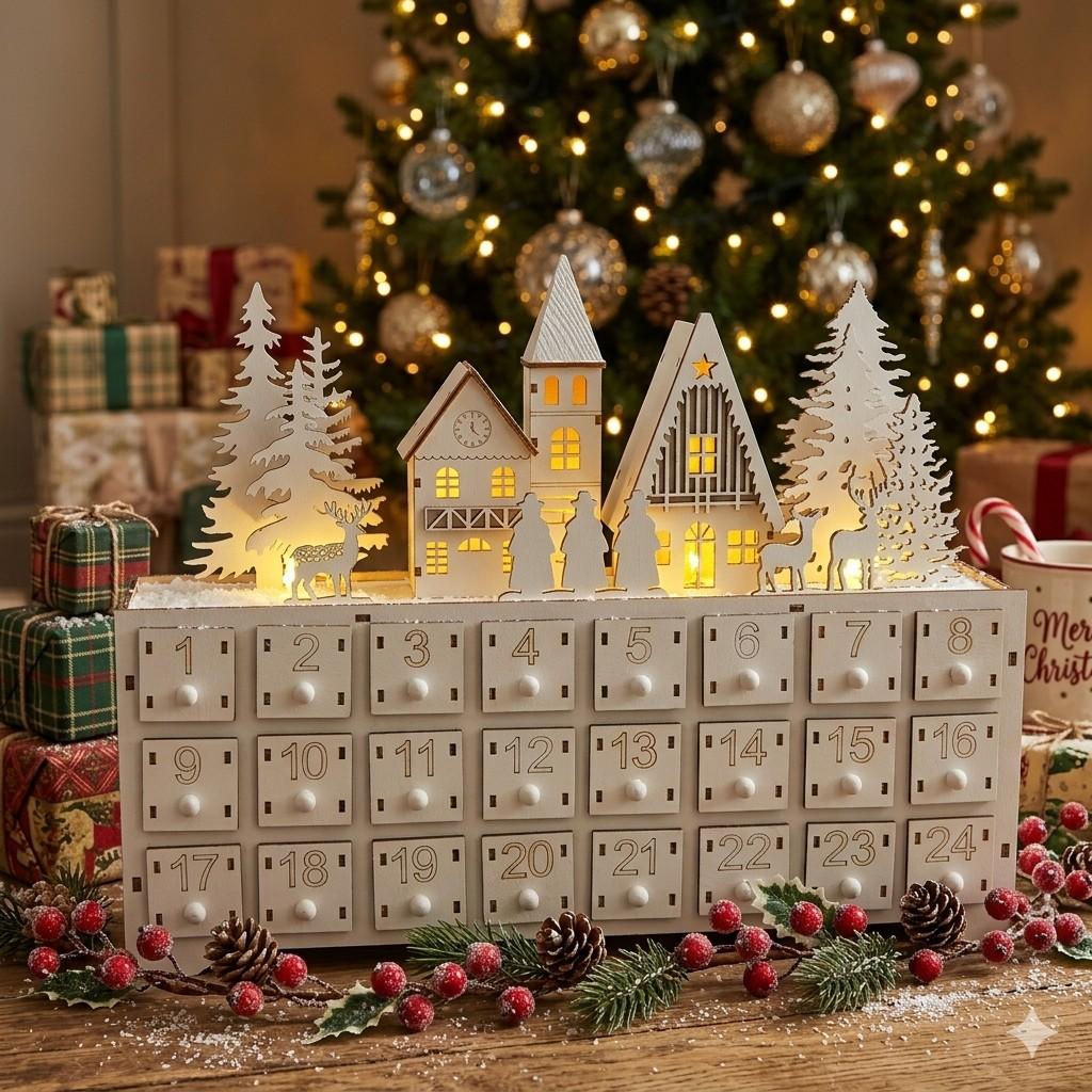 Wooden Christmas Advent Calendar with LED Lights 24 Numbered Drawers Village House Xmas Countdown Decor Gift 34.5×8×28cm