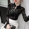 Hollow Vintage Long Sleeve Blouse Women Mesh See Through Sexy Womens Shirts Autumn Womens Mesh Retro Lace Female Shirts 11010