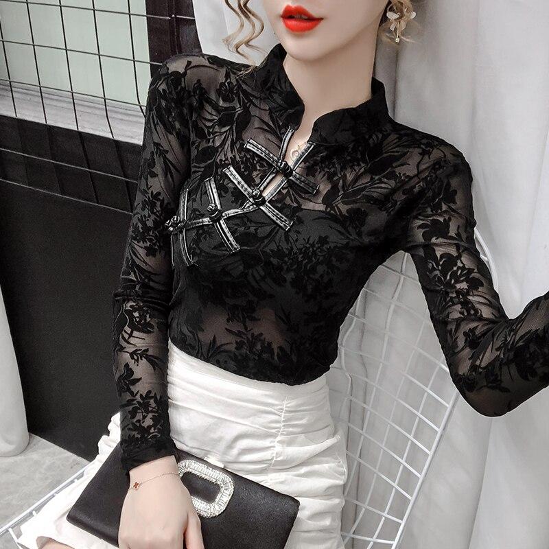 Hollow Vintage Long Sleeve Blouse Women Mesh See Through Sexy Womens Shirts Autumn Womens Mesh Retro Lace Female Shirts 11010