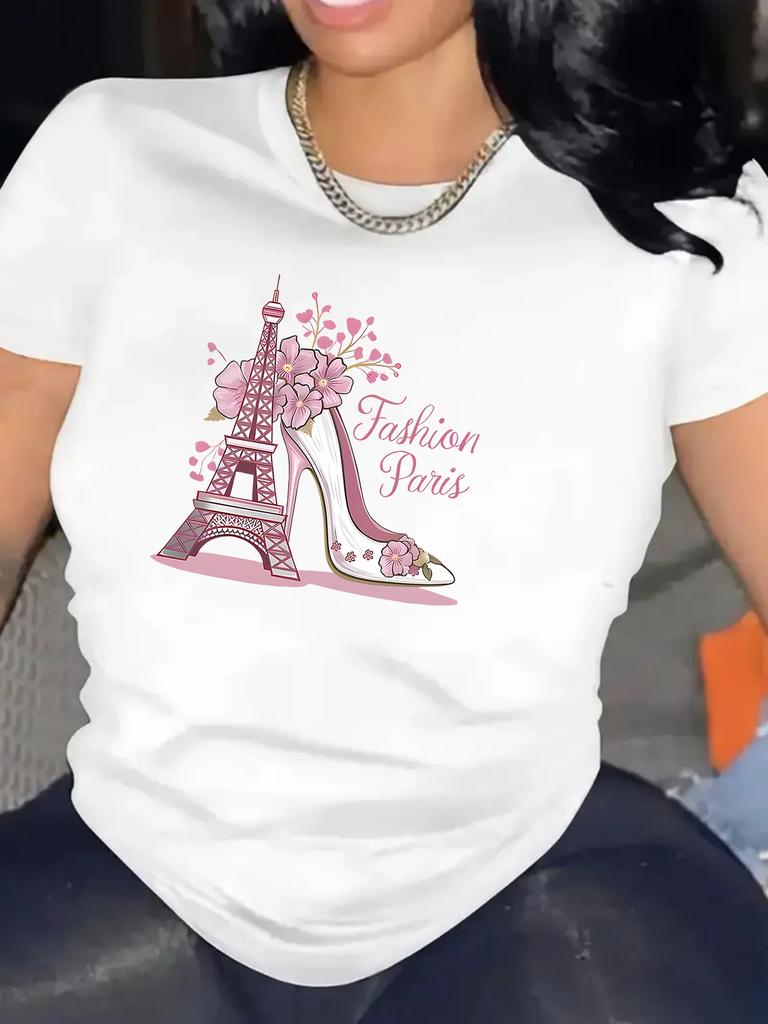 WoUnisex Fashion Paris Eiffel Tower High Heel Graphic Short Sleeve Crew Neck Summer Short Sleeved Harajuku Streetwear